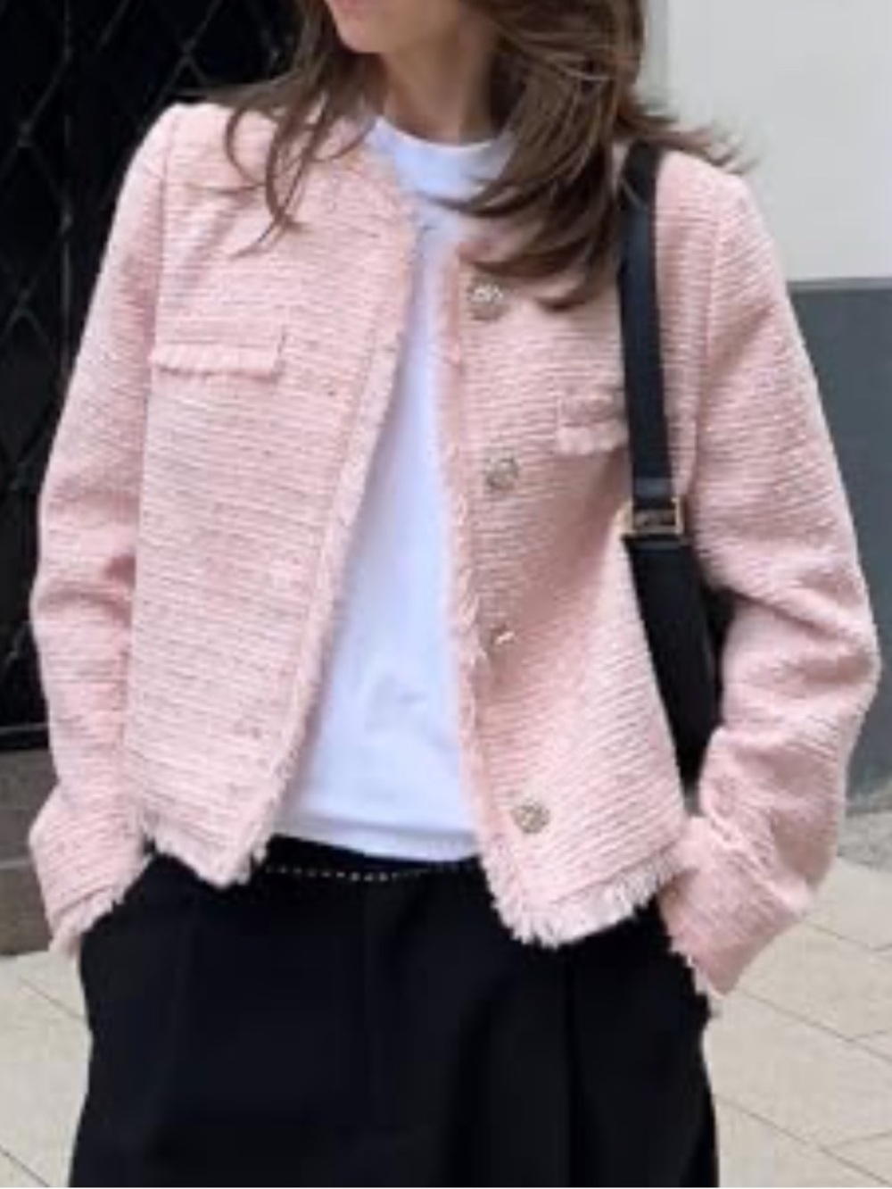 Goelia Women's Pink Tweed Collarless Fringe Jacket Decorative Buttons US 12 XL